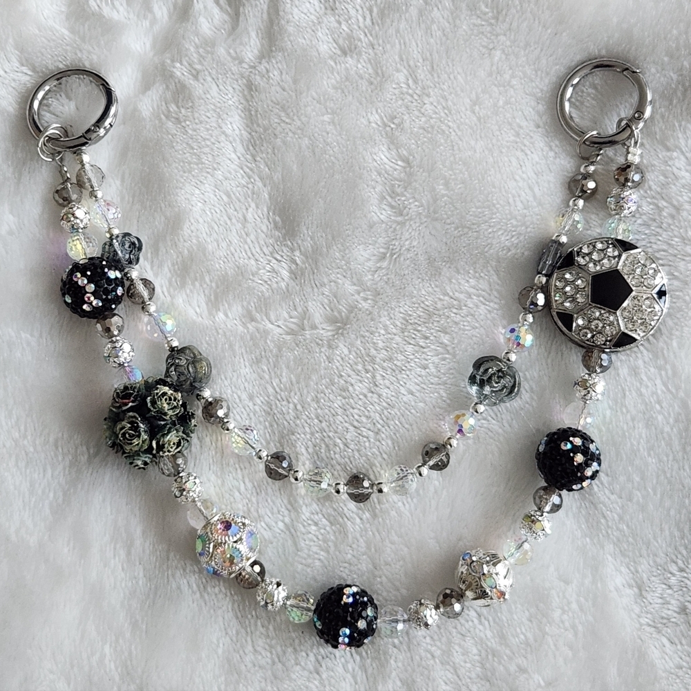 Soccer Black and Silver Beaded Bag Chain Purse Chain